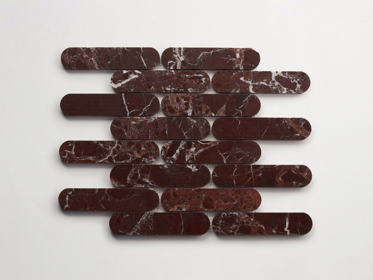 Stone tile 6 x 1⅜ Oval Mosaic Sheet Red Honed.
