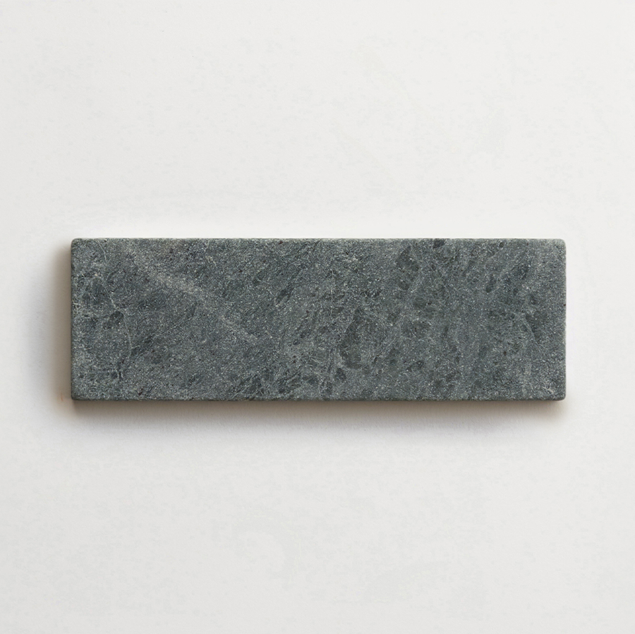 clé lapidary: pantry pavers | baguette | tumbled |verde marble | sample ~ 2"x6"x⅜"