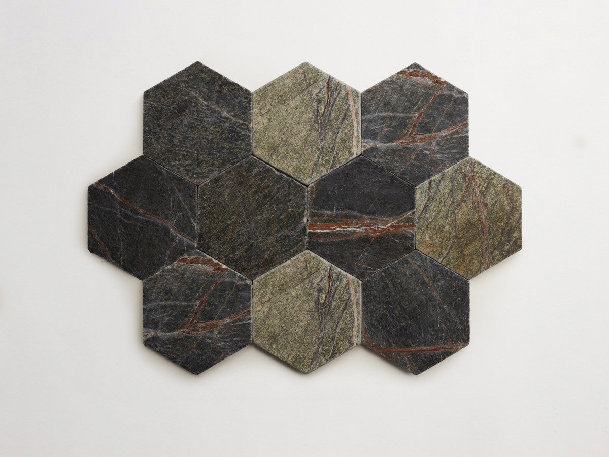 Lapidary stone tile 6¾ in. hex Galician Green Tumbled.