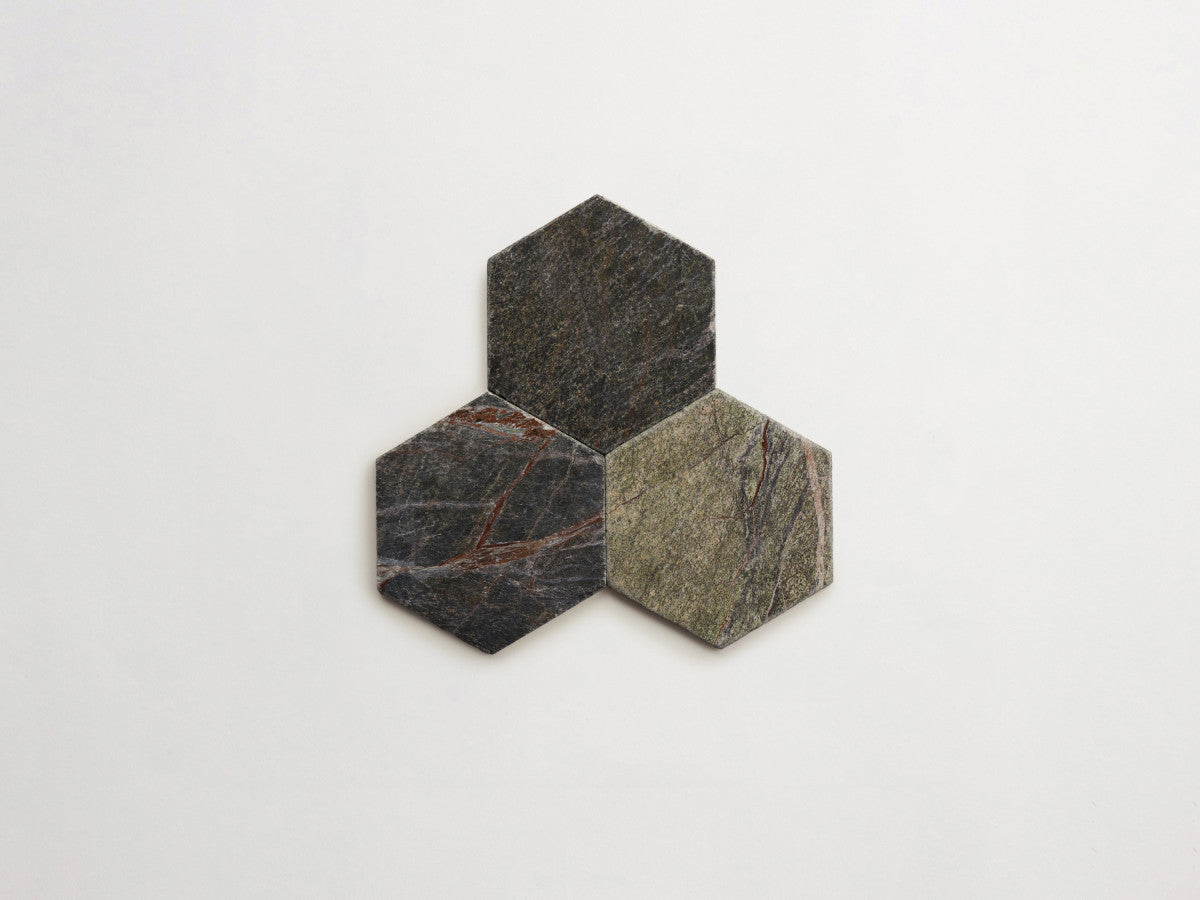 Lapidary stone tile 6¾ in. hex Galician Green Tumbled.