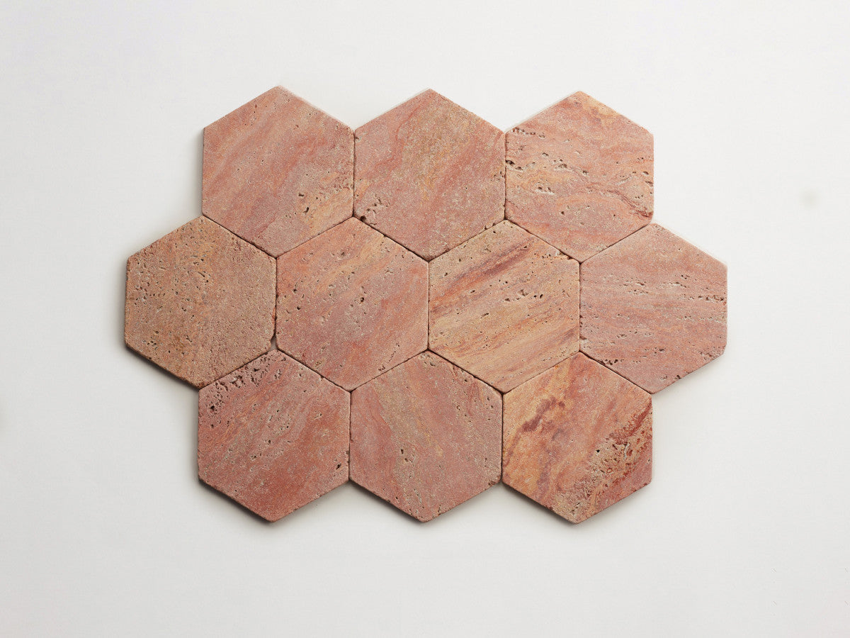 Lapidary stone tile 6¾ in. hex Red Travertine Tumbled.