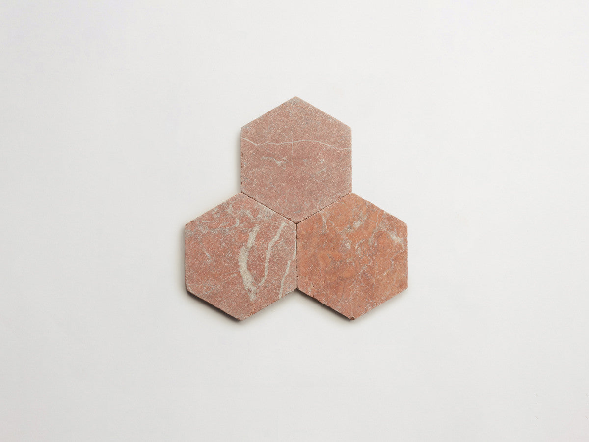 Lapidary stone tile 6¾ in. hex Alicante Red Tumbled.