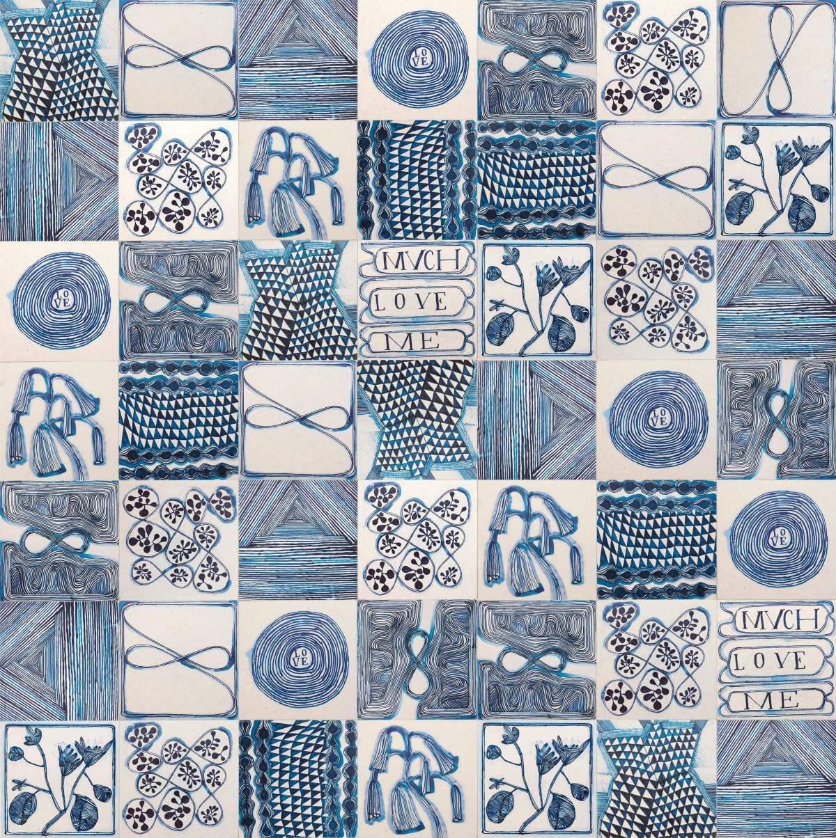 clé lapidary: ruan hoffmann limestone: much love me | grand stout | printed | weeping plant | delft blue | sample ~ 12"x12"x⅜"