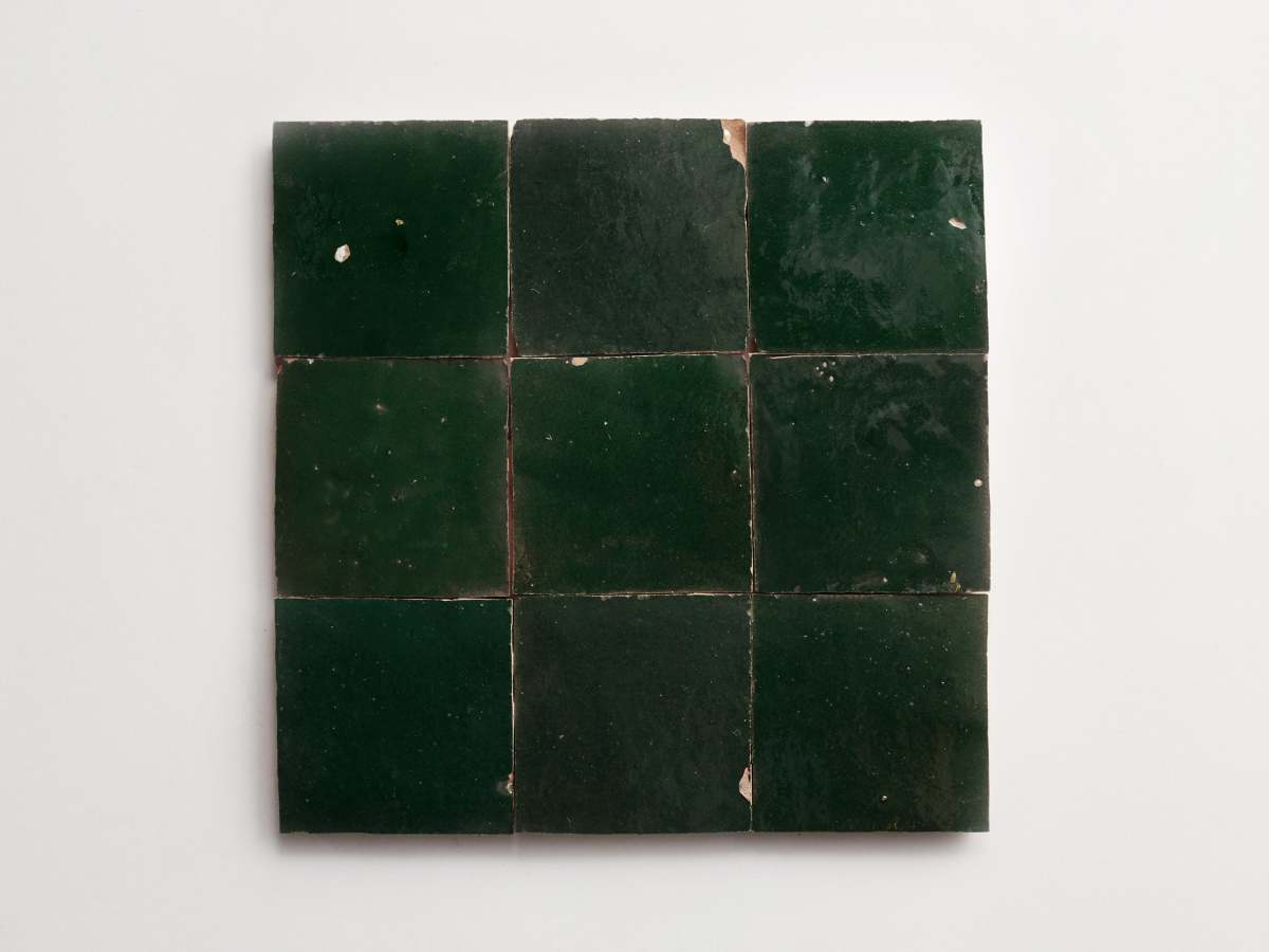 Zellige tile cindered olive green 4" square.