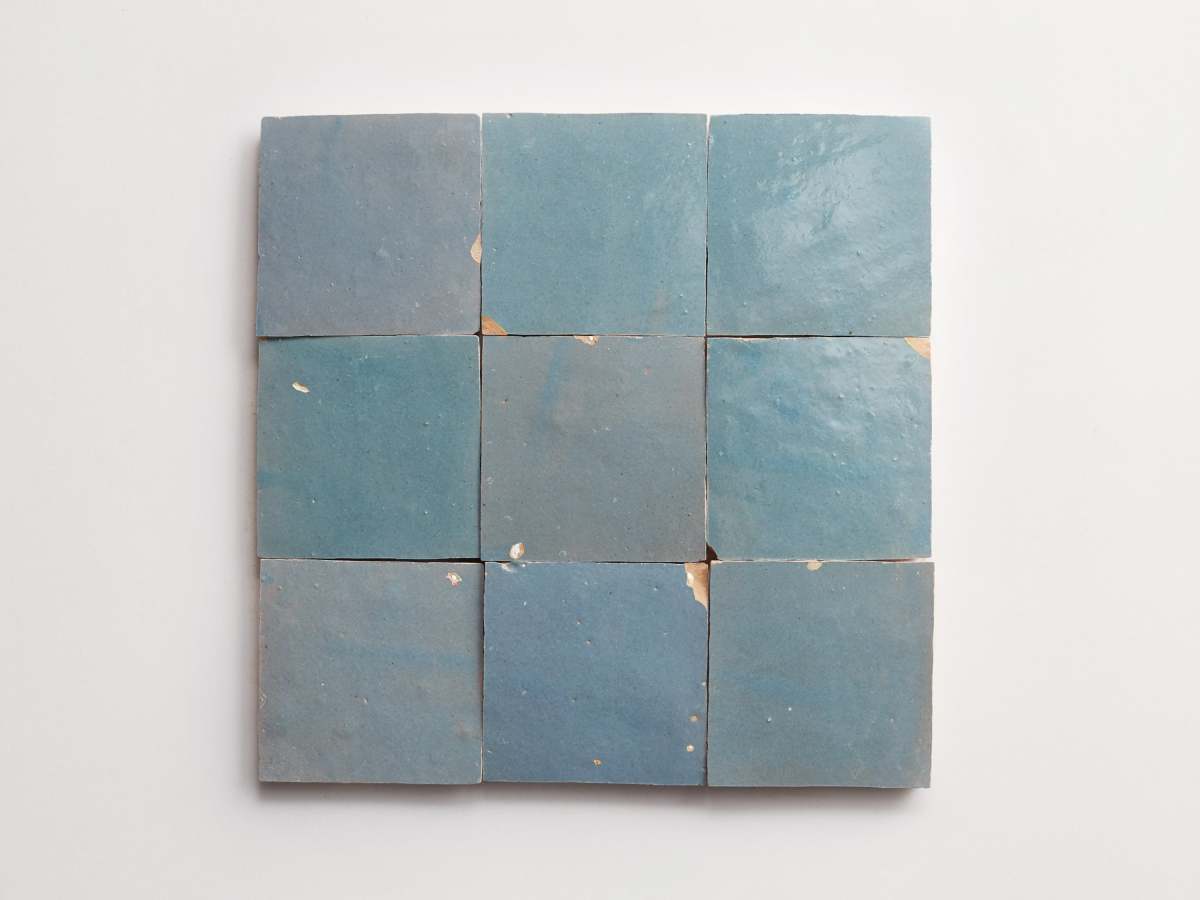 Zellige tiles pending storm blue 4" square.