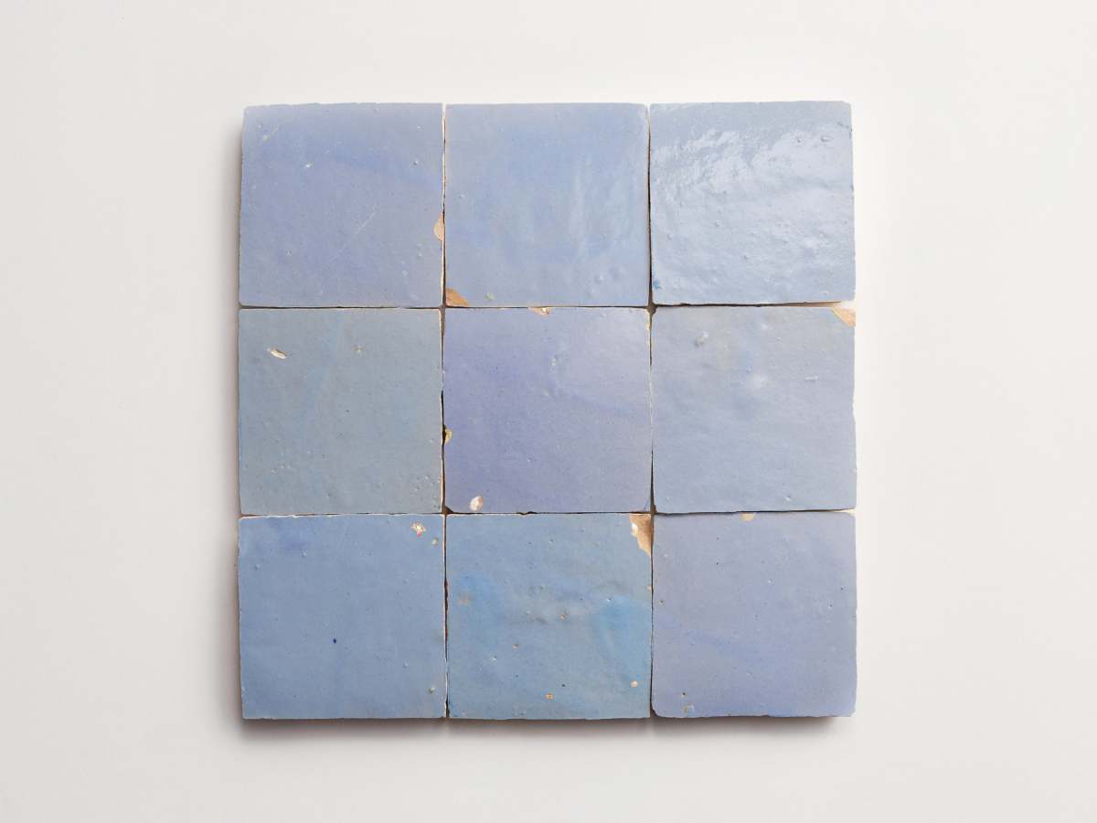 Zellige tiles sky bloom soft blue 4" square.