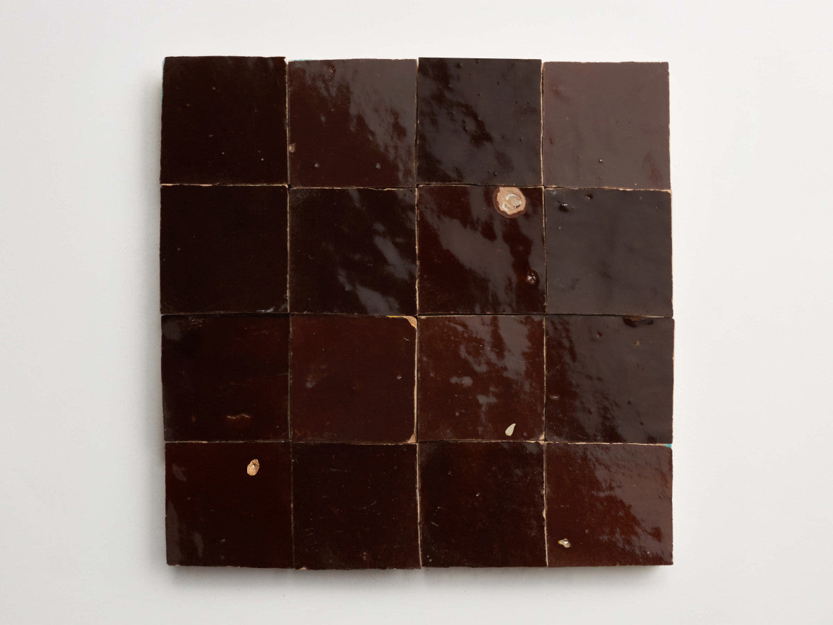 Zellige tile brown glaze argan brown 2" square.