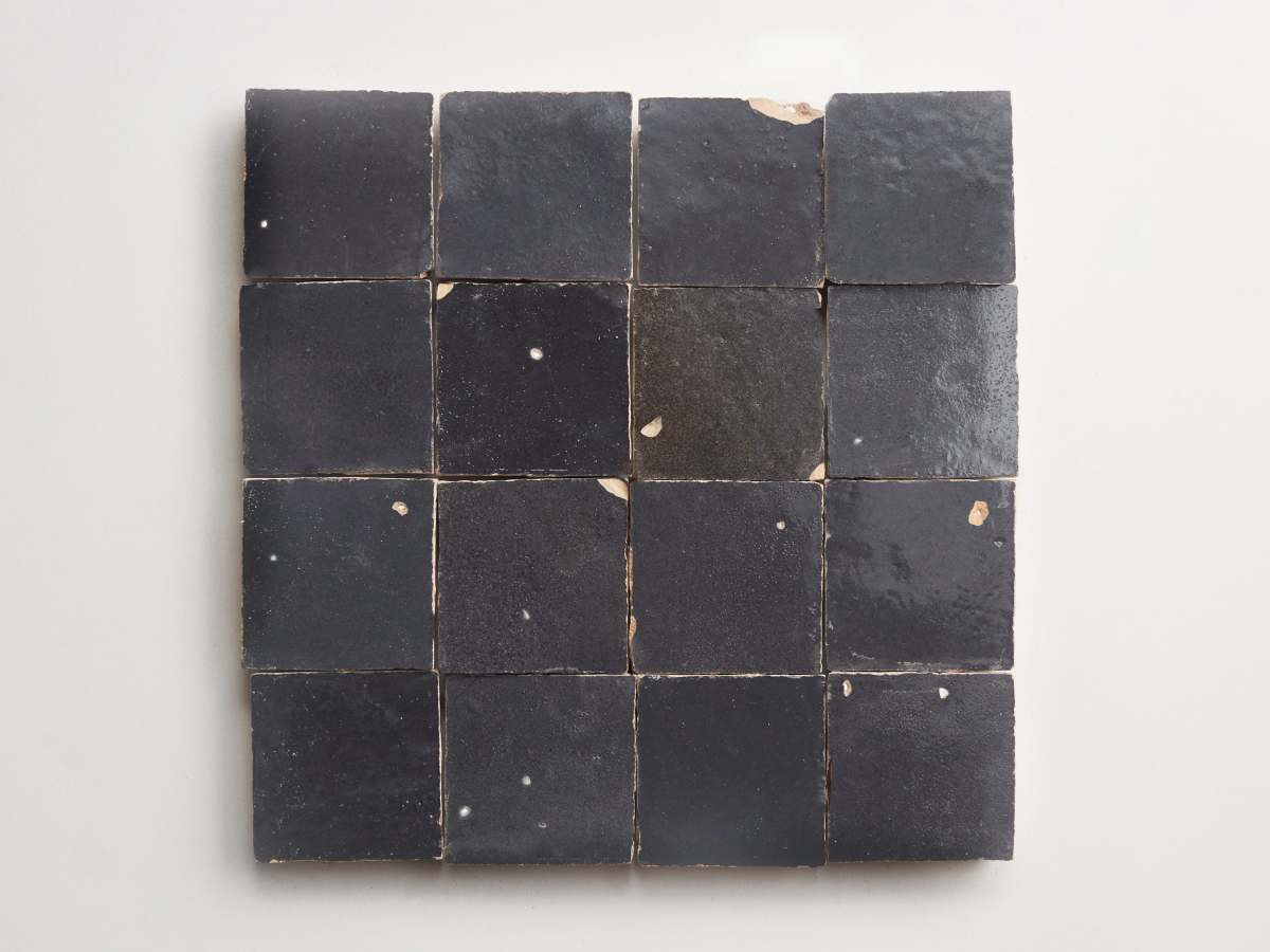 Zellige tile grey glaze battled armor 2" square.