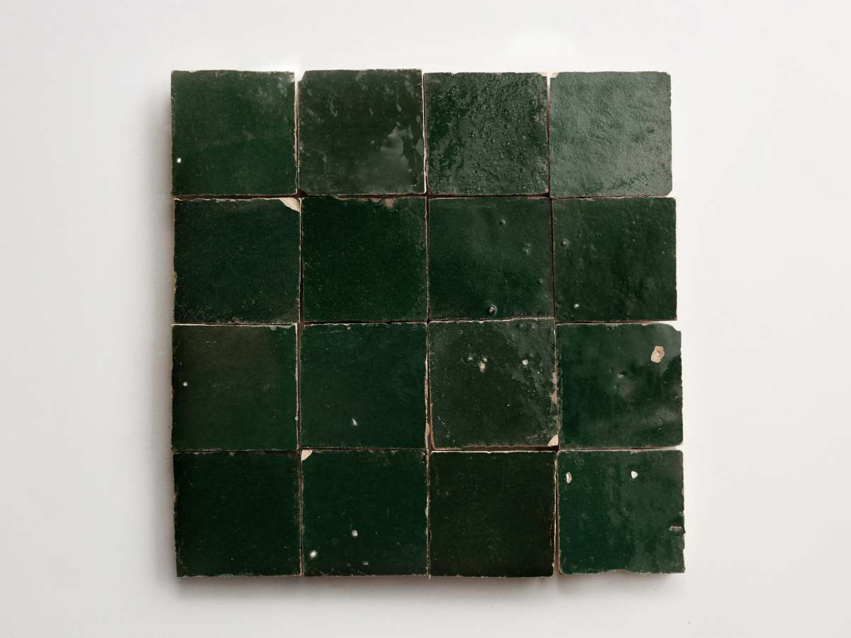 Zellige tiles cindered olive green 2" square.