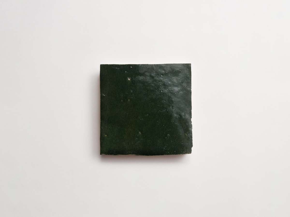 Zellige tile cindered olive green 4" square.