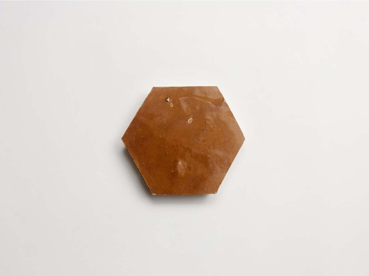 Zellige tile terracotta golden henna brown hexagon.