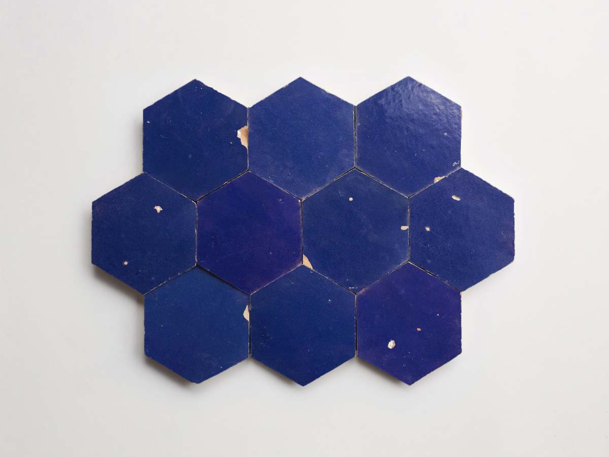 Zellige tile dark blue tile ancient sea hexagon.