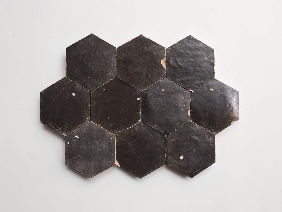 Zellige tile matte black charred cedar hexagon.