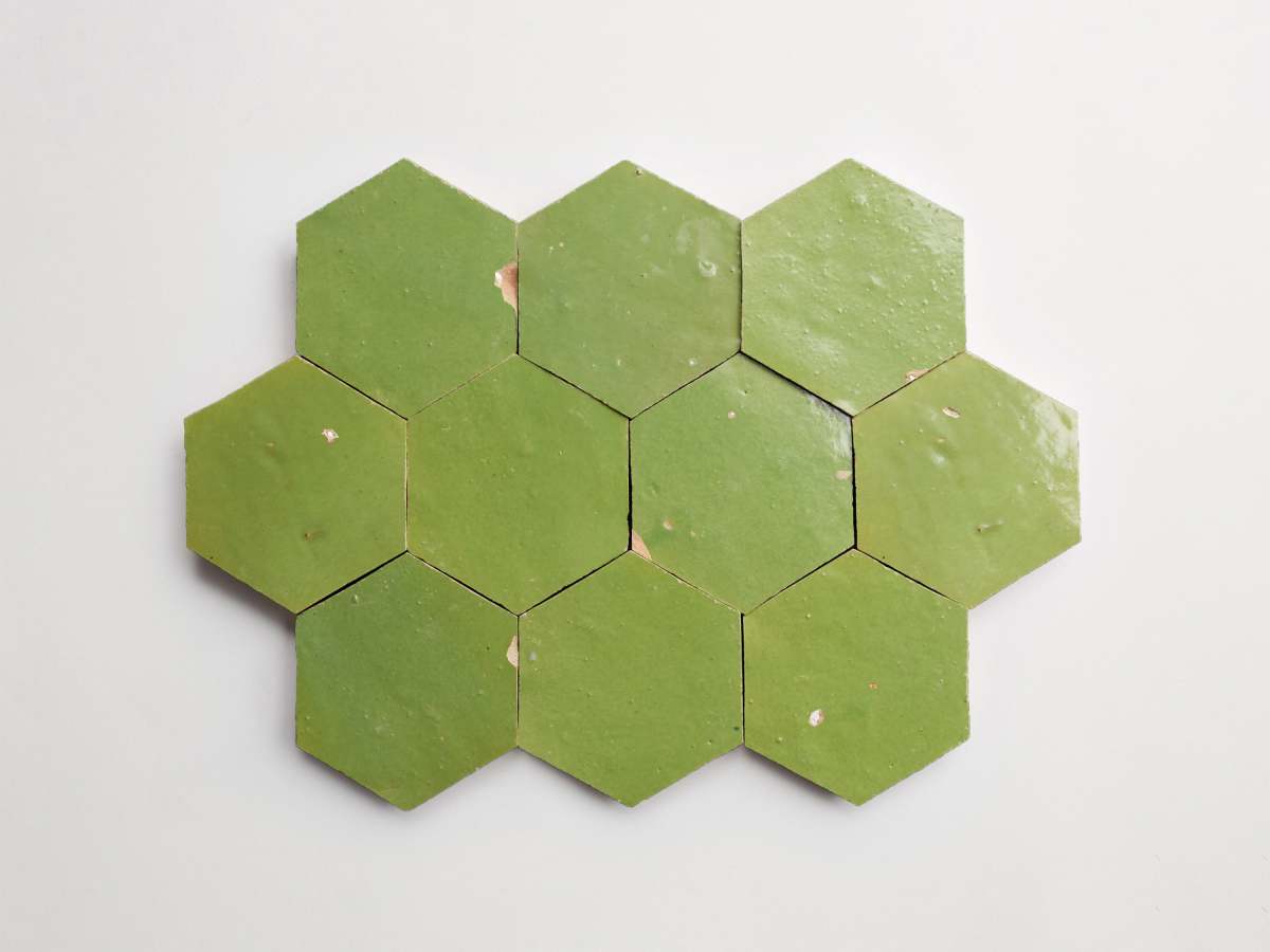 Zellige tile moroccan fallen citrus green hexagon.