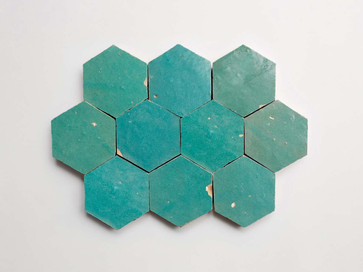 Blue zellige tile forgotten turquoise hexagon.