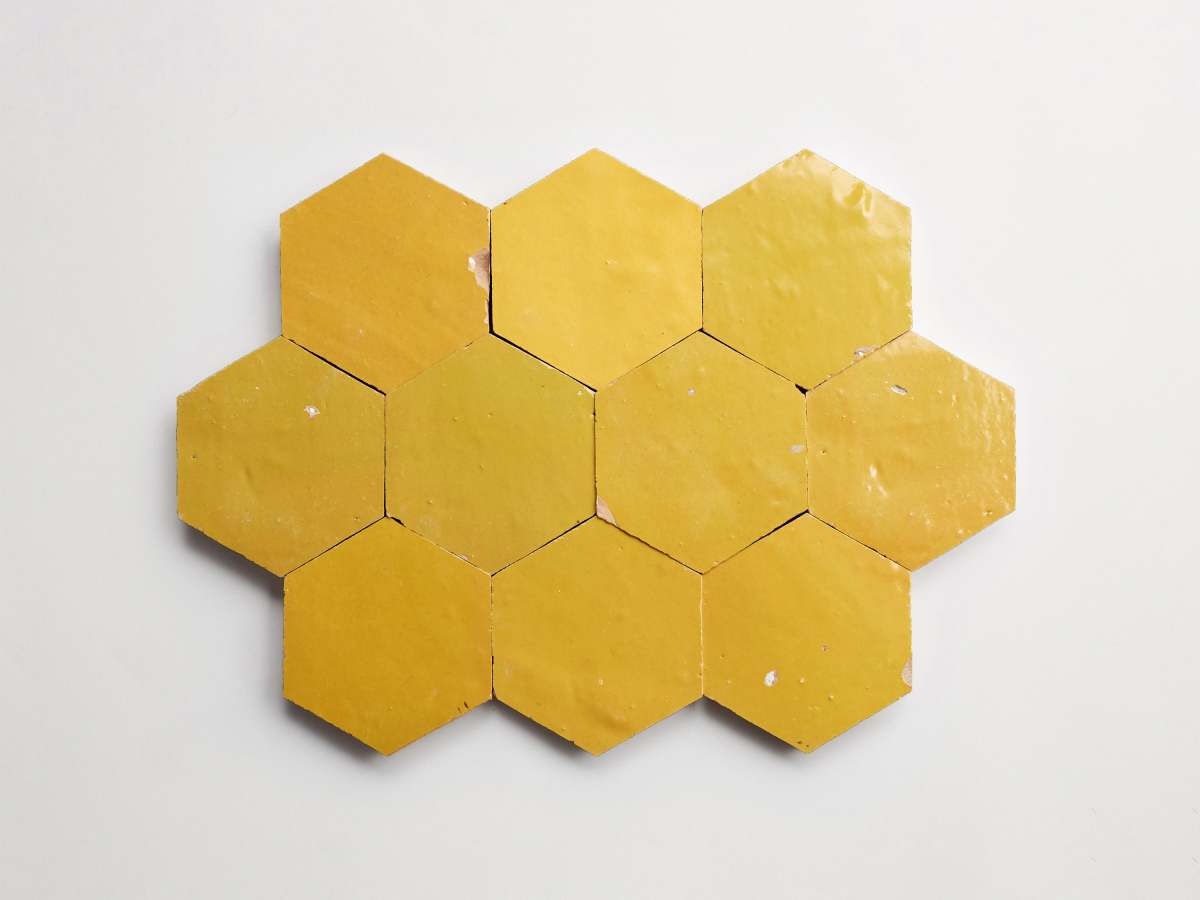 Yellow zellige tiles indian saffron hexagon.