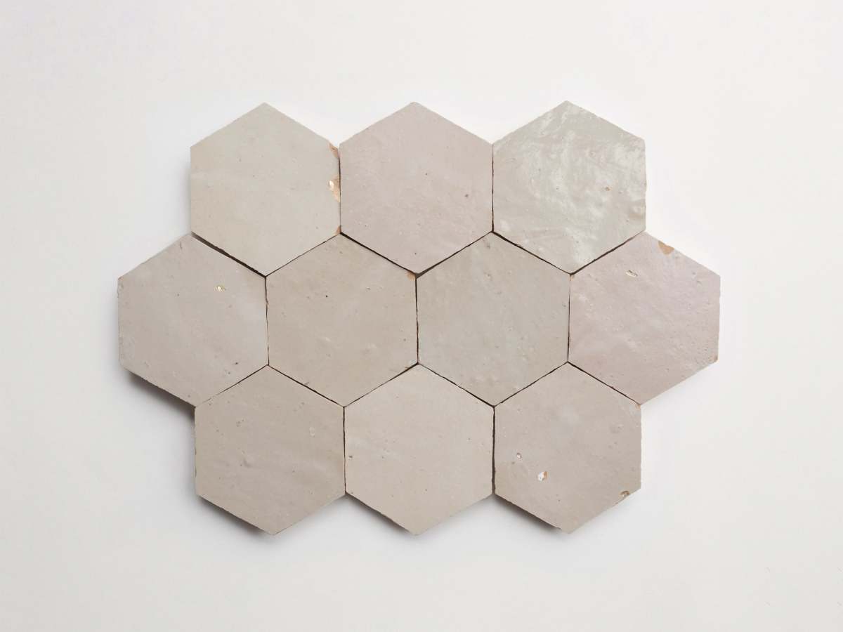 Zellige tile neutral glaze parched vellum hexagon.