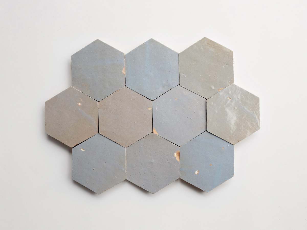 Light blue zellige tile shattered pearl hexagon.