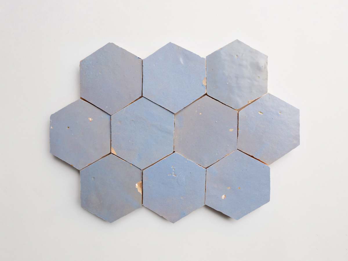 Zellige tile light blue sky bloom hexagon.
