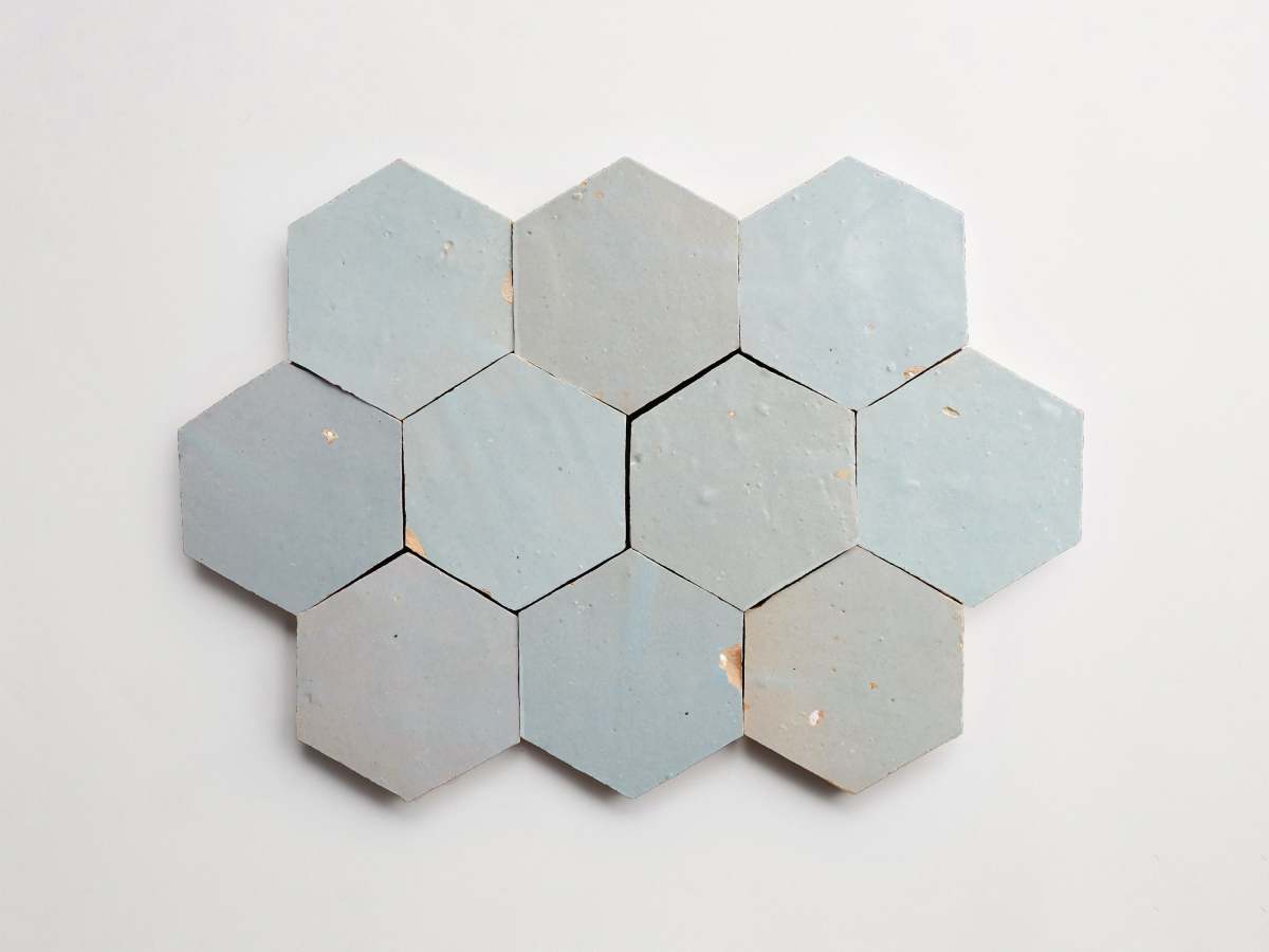 Soft green zellige tile tea ceremony hexagon.