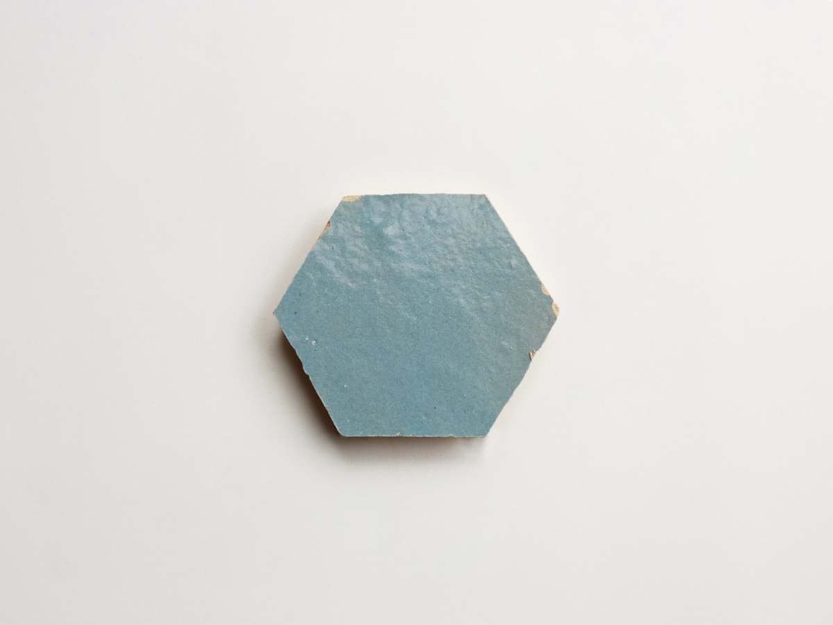 Blue zellige tile terracotta pending storm hexagon.