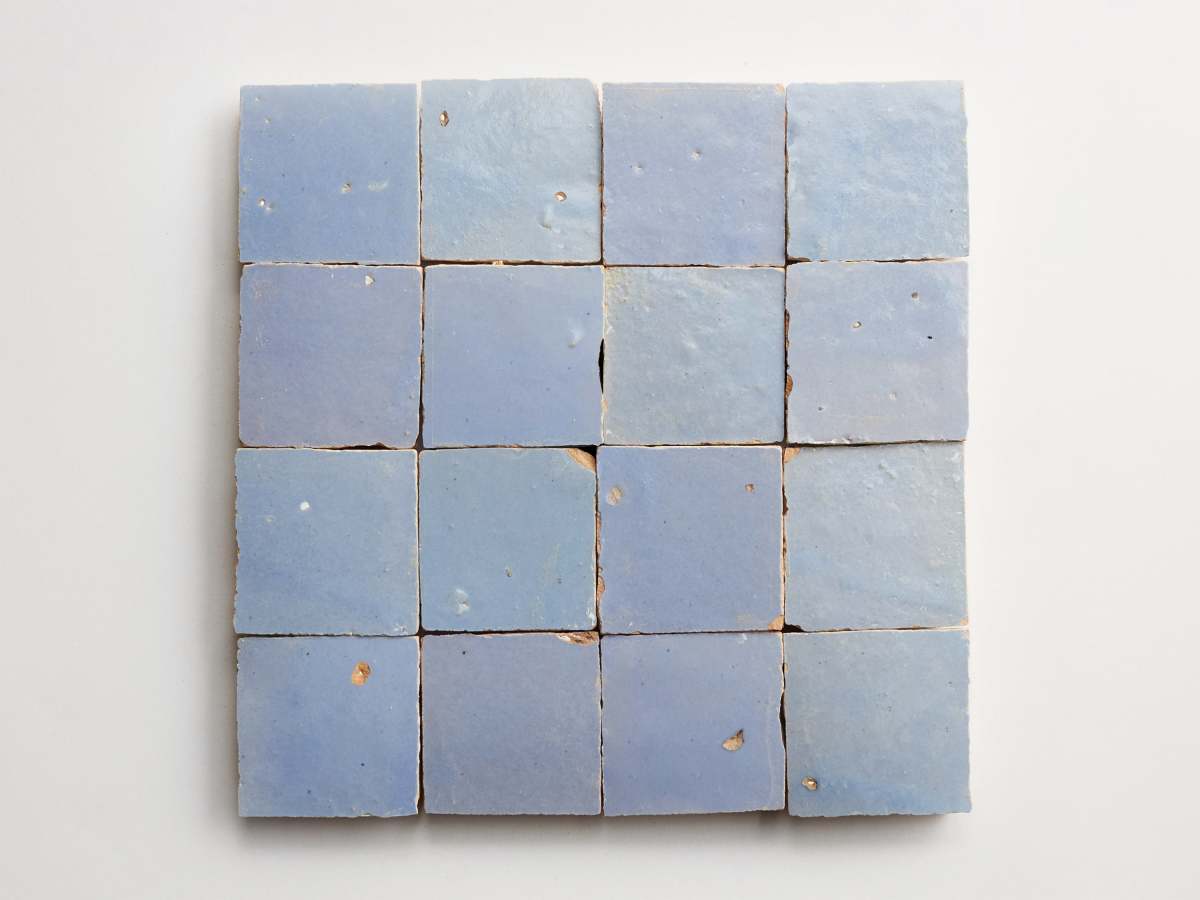 Zellige tiles sky bloom blue 2" square.