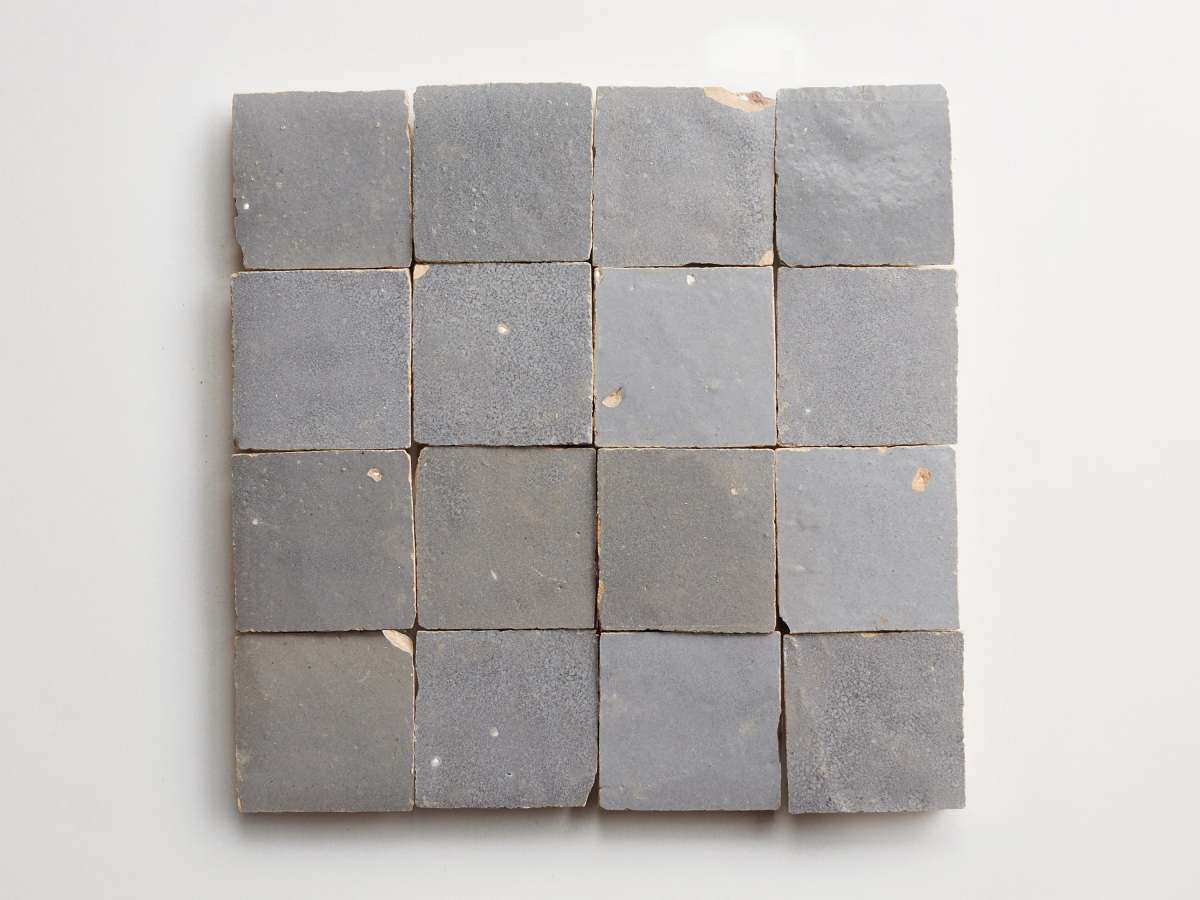 Zellige tile grey tile tarnished silver 2" square.