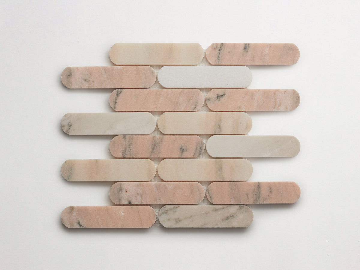 Lapidary oval mosaic tile sheet pink grey 6 x 1.375.