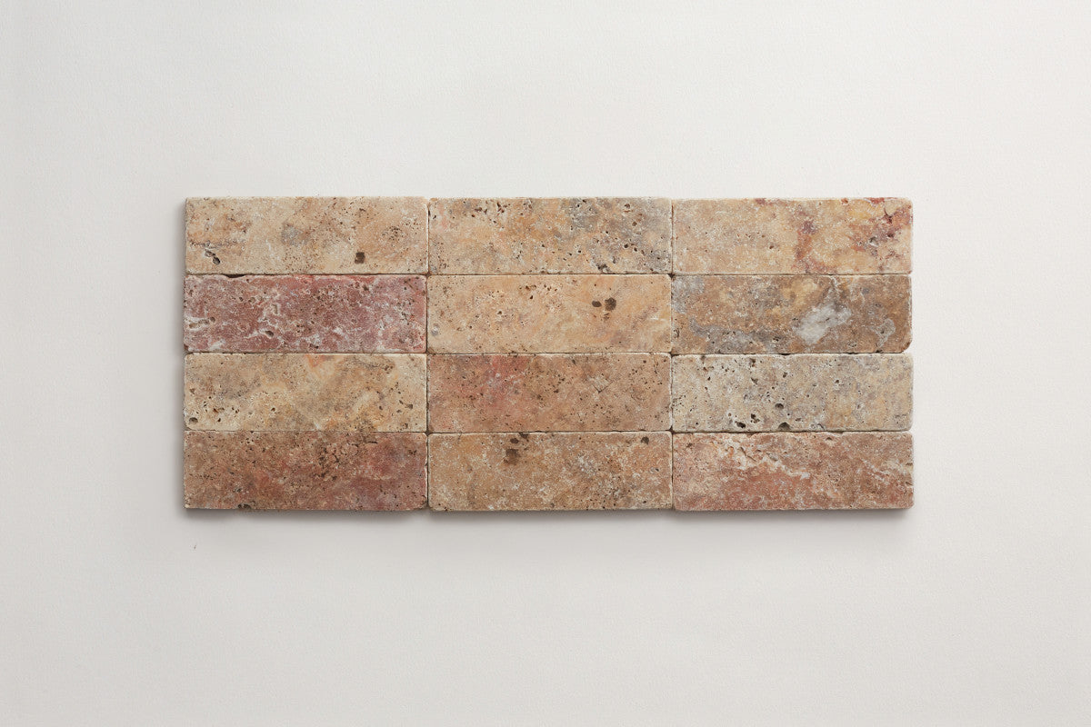 Pantry pavers tumbled travertine 2x6 pumice tile.