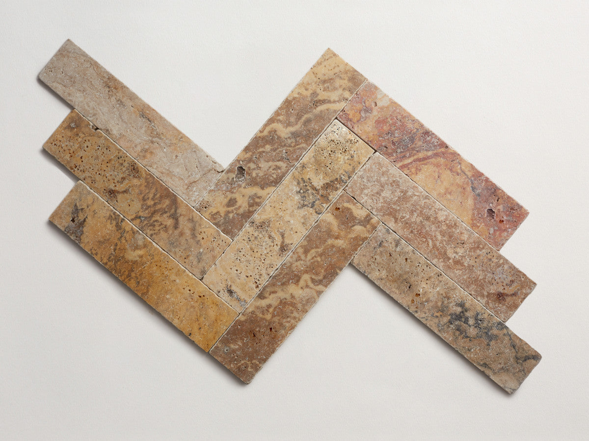 Pantry pavers tumbled travertine 3x12 pumice tile.
