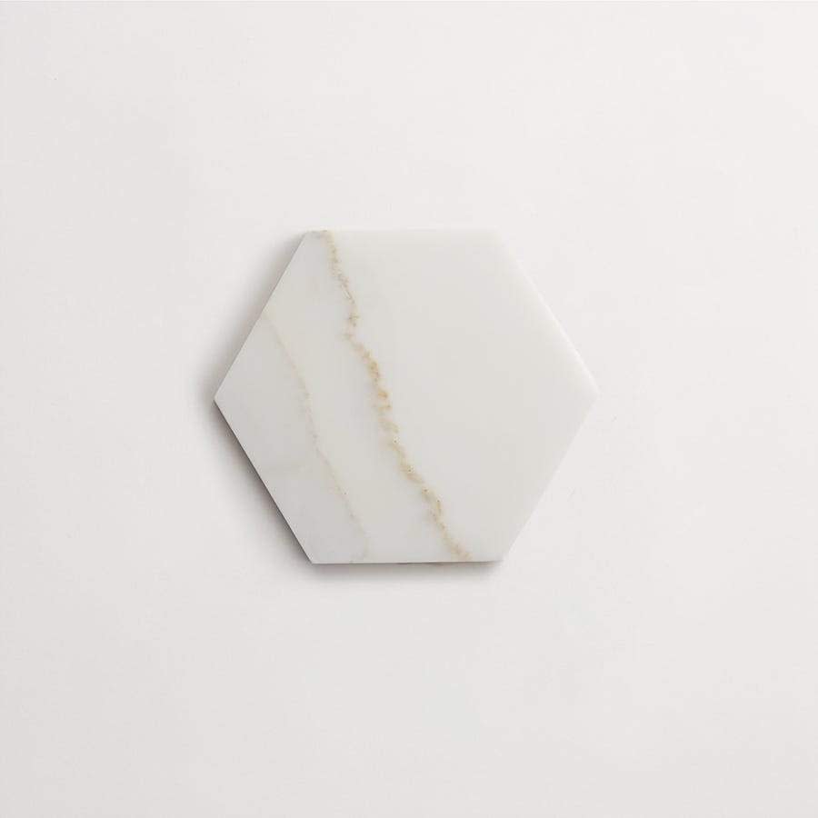 clé lapidary: legacy | six hex mosaic sheet | honed | calacatta gold | sample ~ 5"x5¾"x⅜"