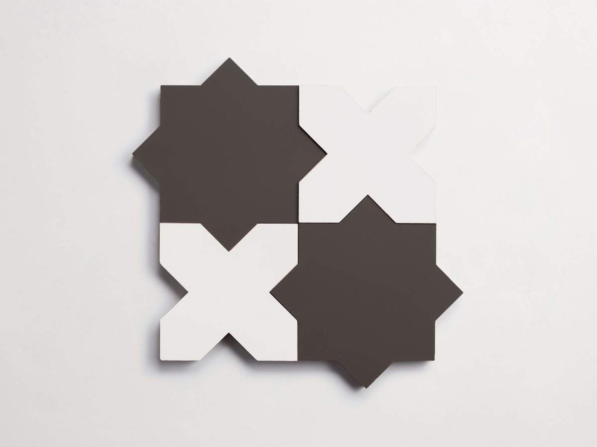 Tile cement pavimenti charcoal star + white cross.