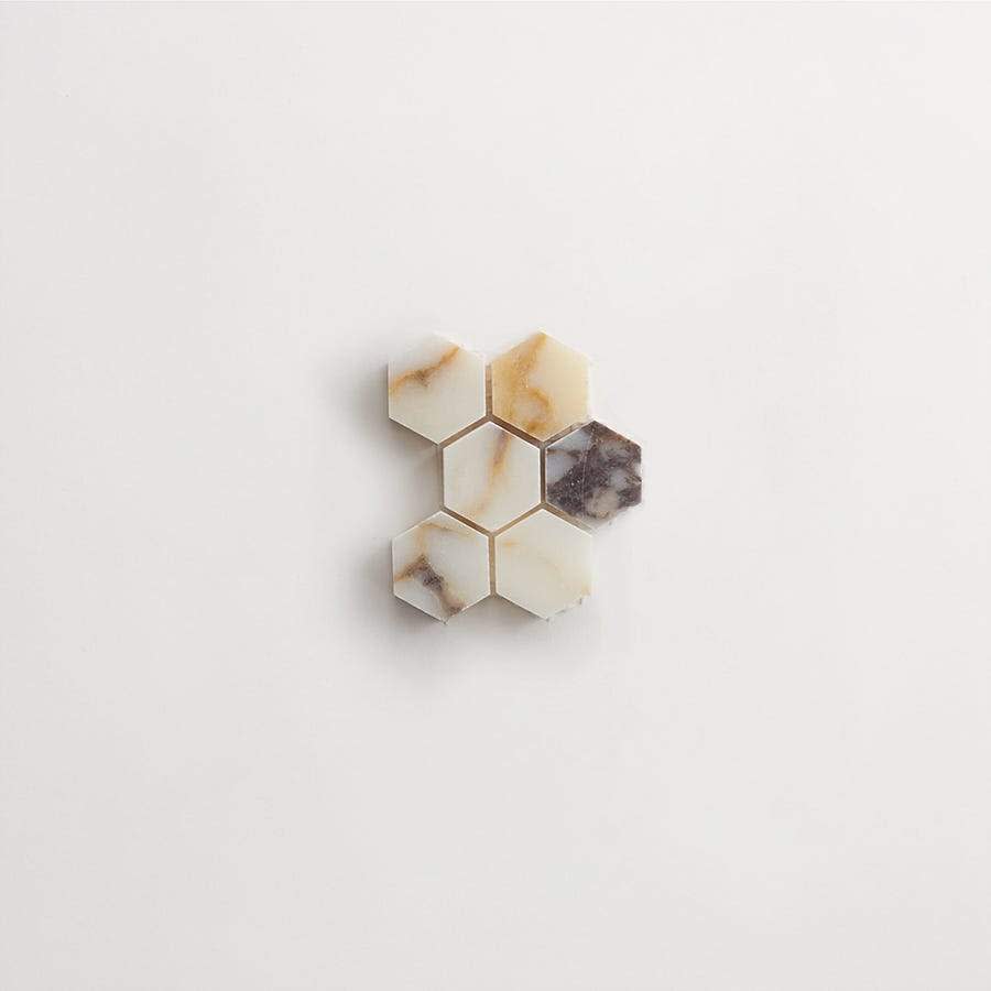 clé lapidary: legacy | hex mosaic sheet | honed | calacatta viola | sample ~ 1⅛"x1"x⅜"