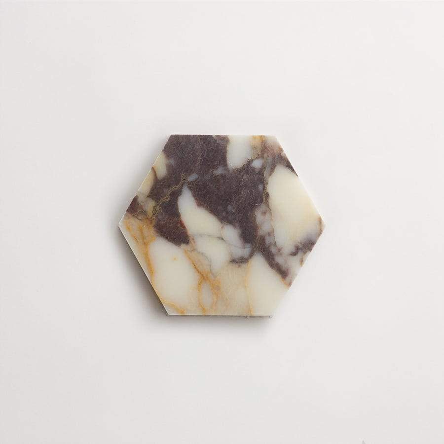 clé lapidary: legacy | six hex mosaic sheet | honed | calacatta viola | sample ~ 5¾"x5"x⅜"