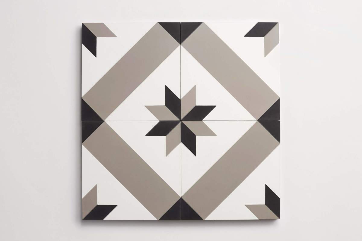 Tile concrete cement cabin rug white metal black.