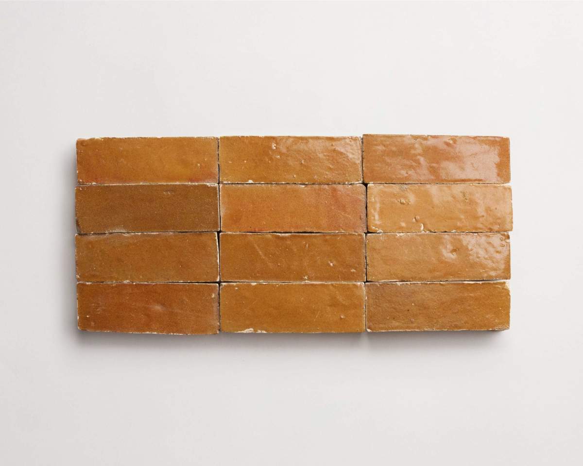 Twelve rectangular, glossy, brownish-orange bricks are arranged in two rows of six on a plain white background.