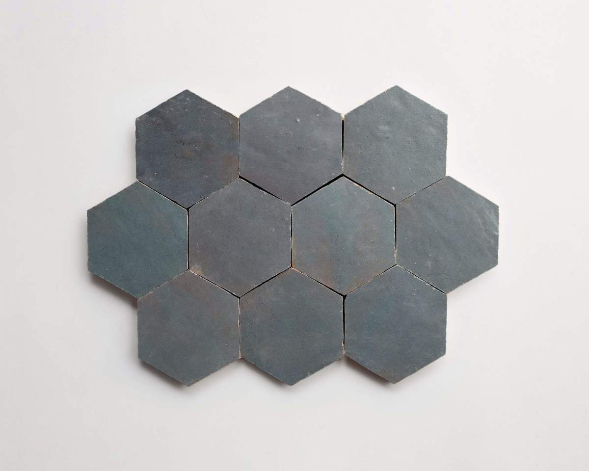 Zellige tile tempered steel grey hexagon.