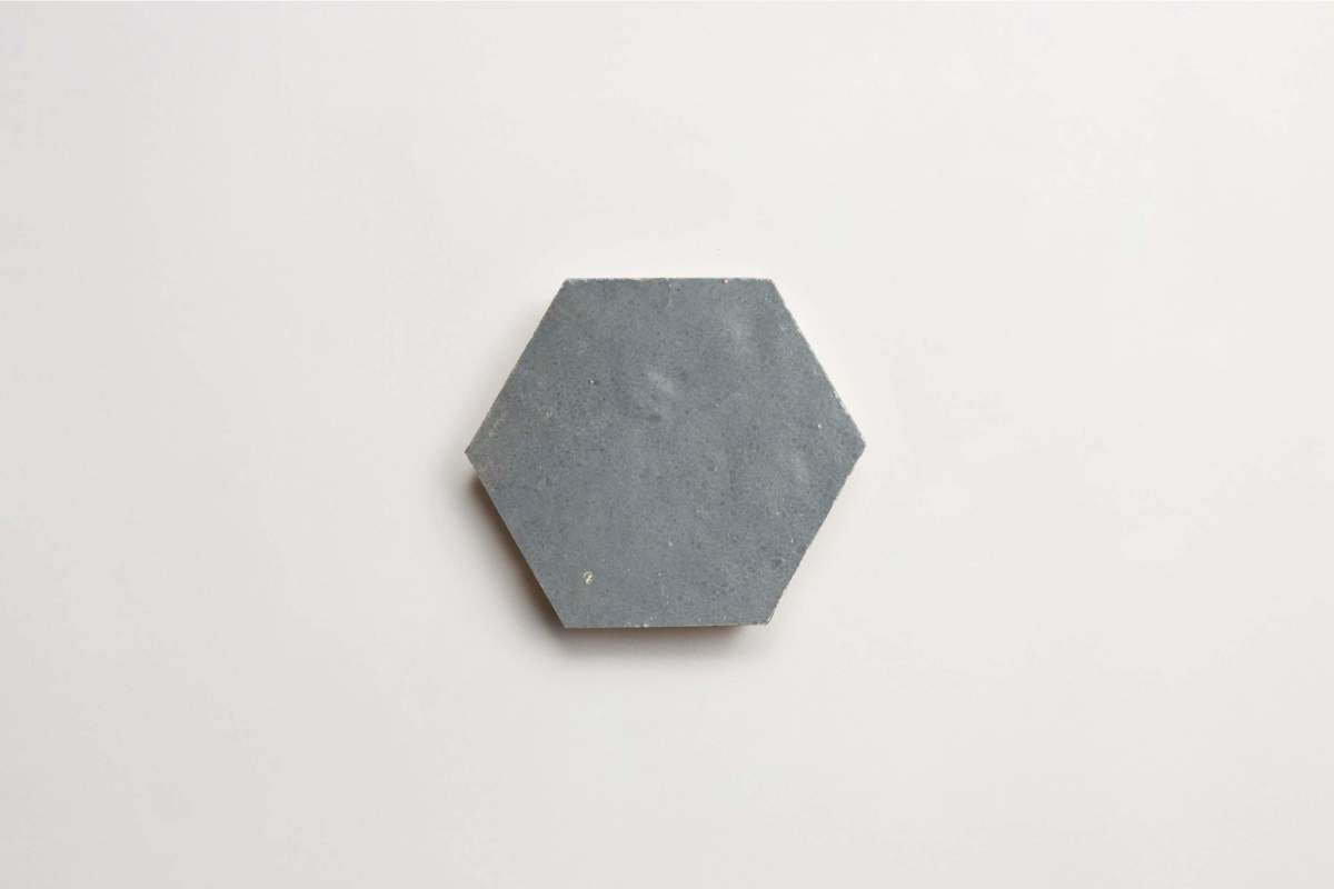 Zellige tile tempered steel grey hexagon.