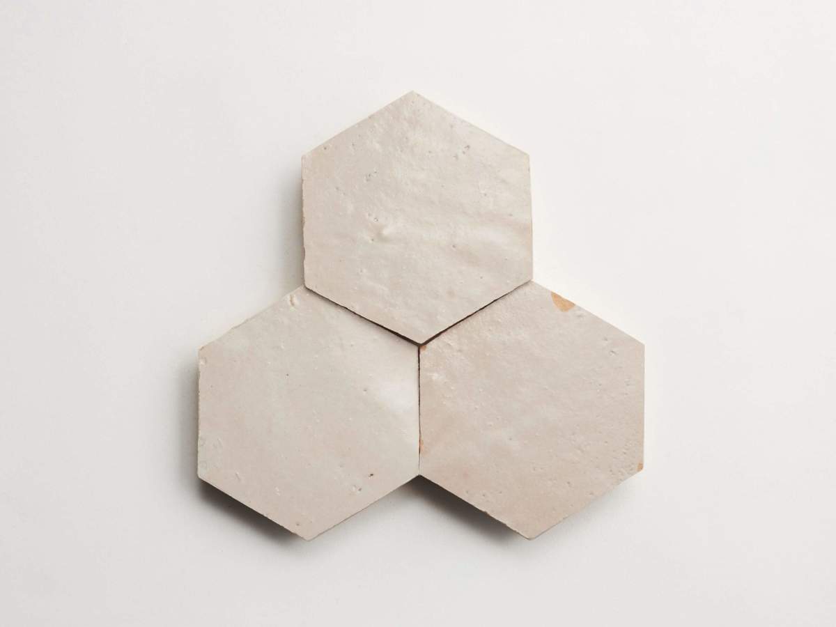 Zellige tile neutral glaze parched vellum hexagon.