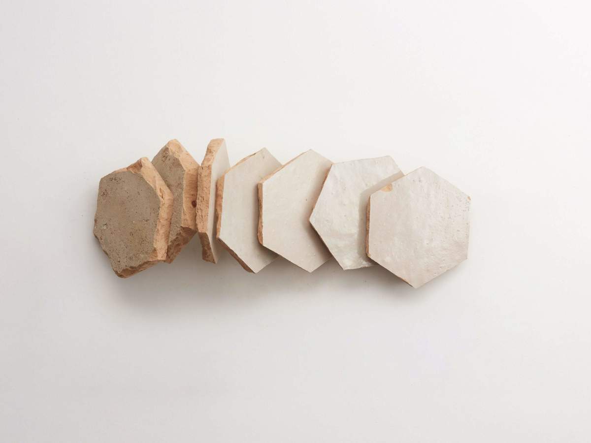 Zellige tile neutral glaze parched vellum hexagon.