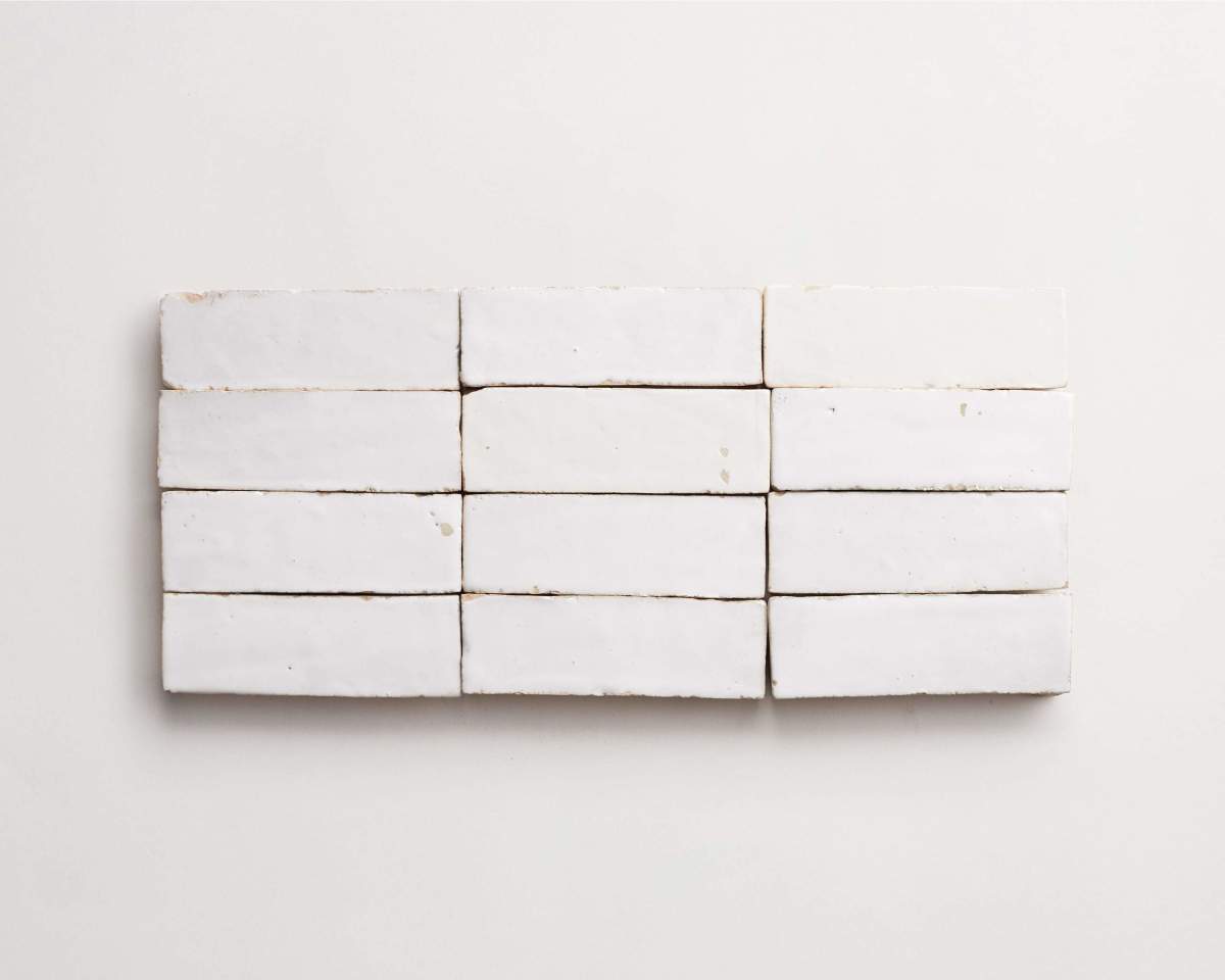Twelve rectangular white bricks are arranged in a grid pattern on a plain white surface.