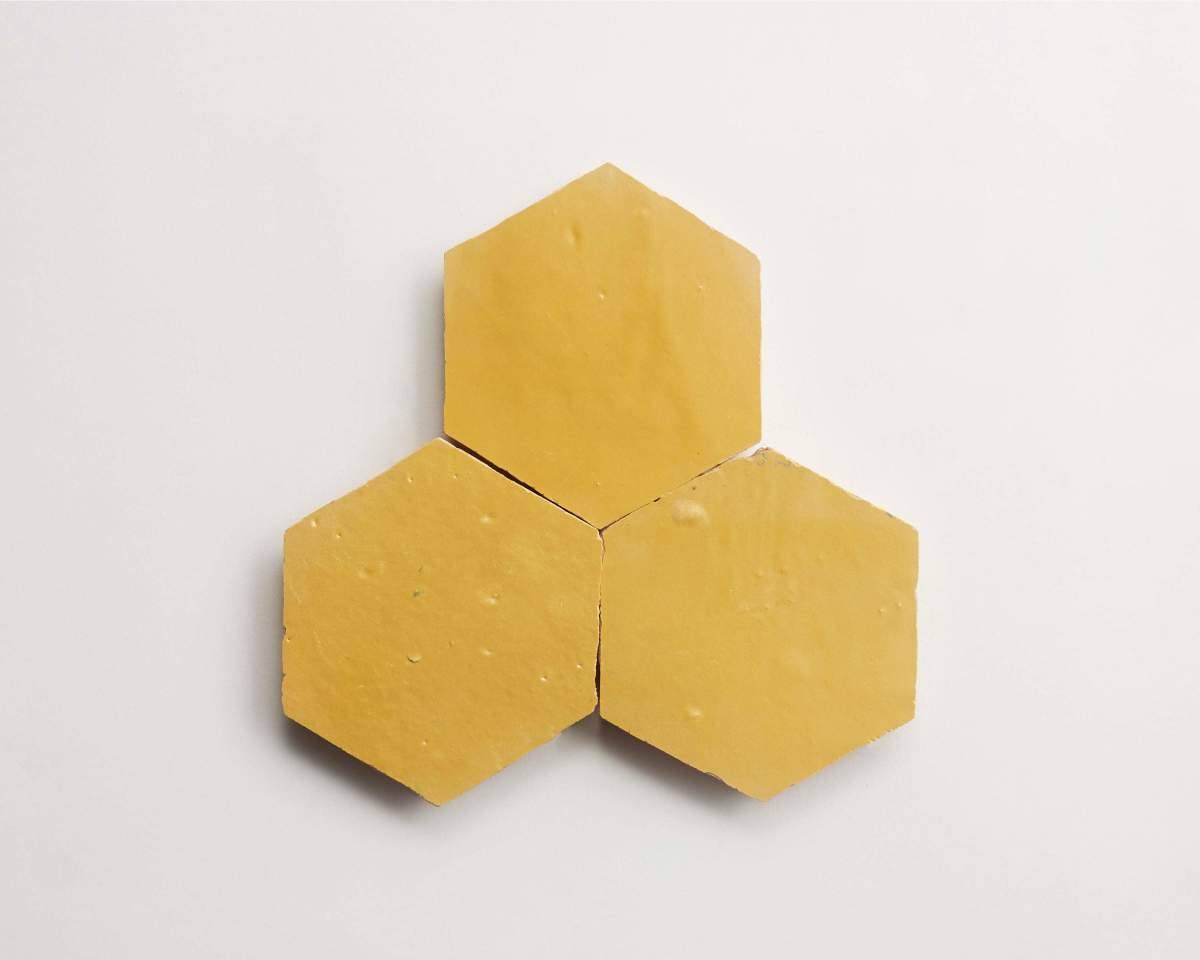 Yellow zellige tiles indian saffron hexagon.