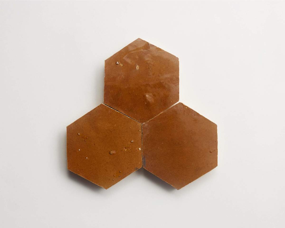 Zellige tile terracotta golden henna brown hexagon.