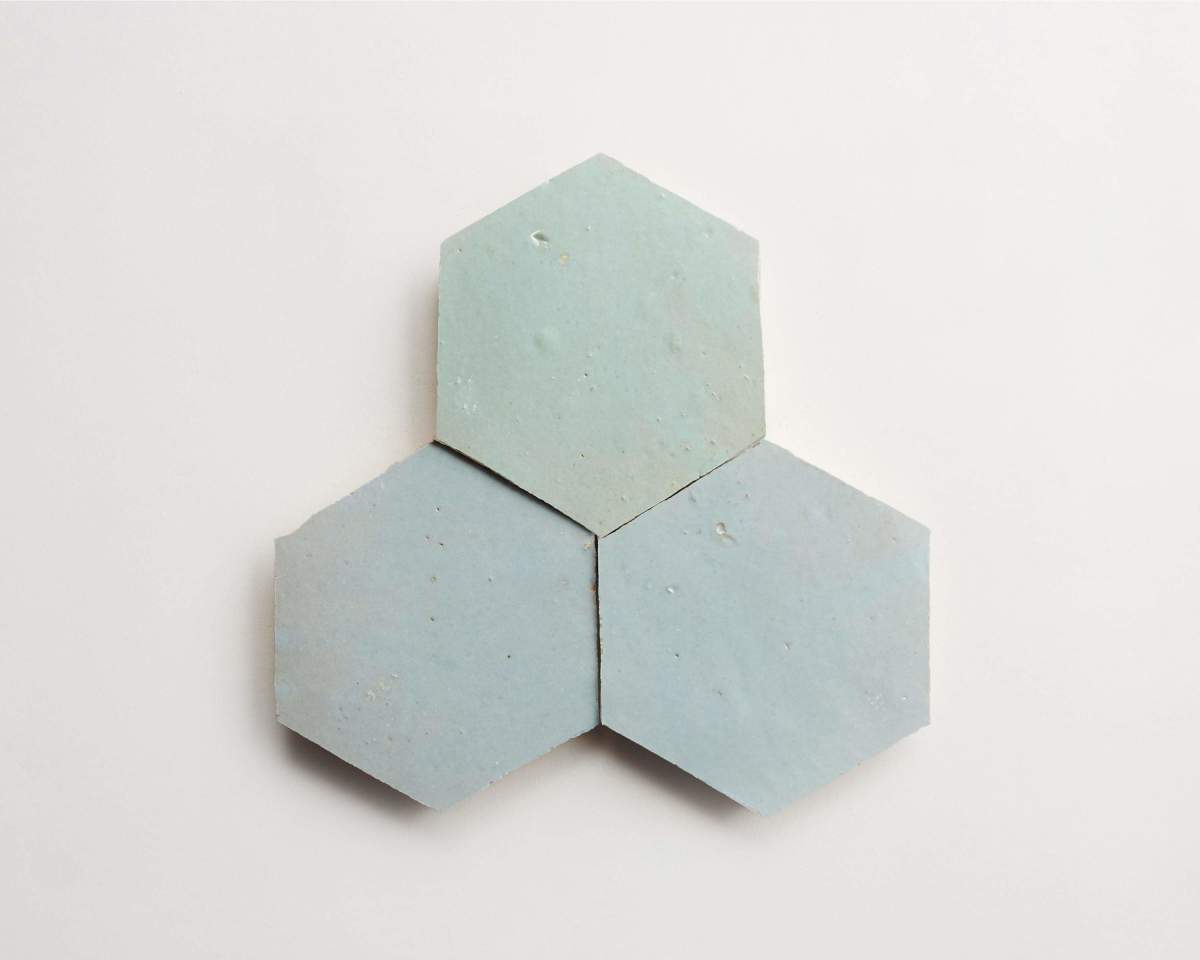 Soft green zellige tile tea ceremony hexagon.