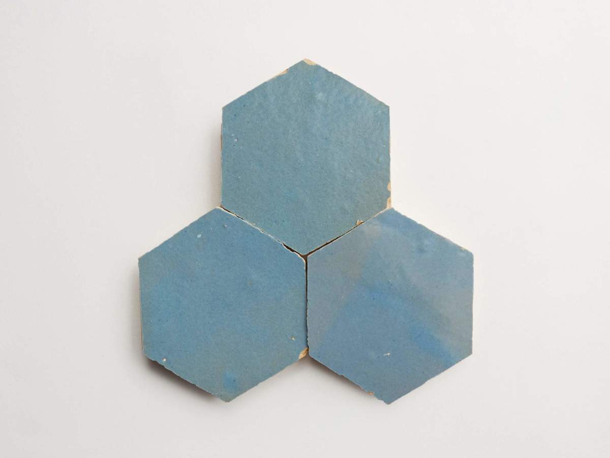 Blue zellige tile terracotta pending storm hexagon.