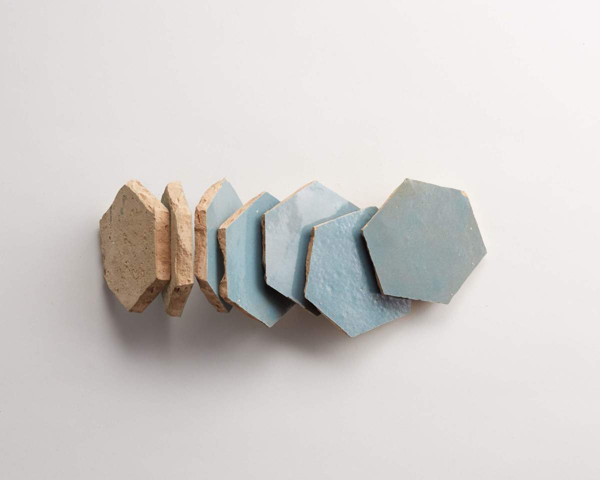 Blue zellige tile terracotta pending storm hexagon.