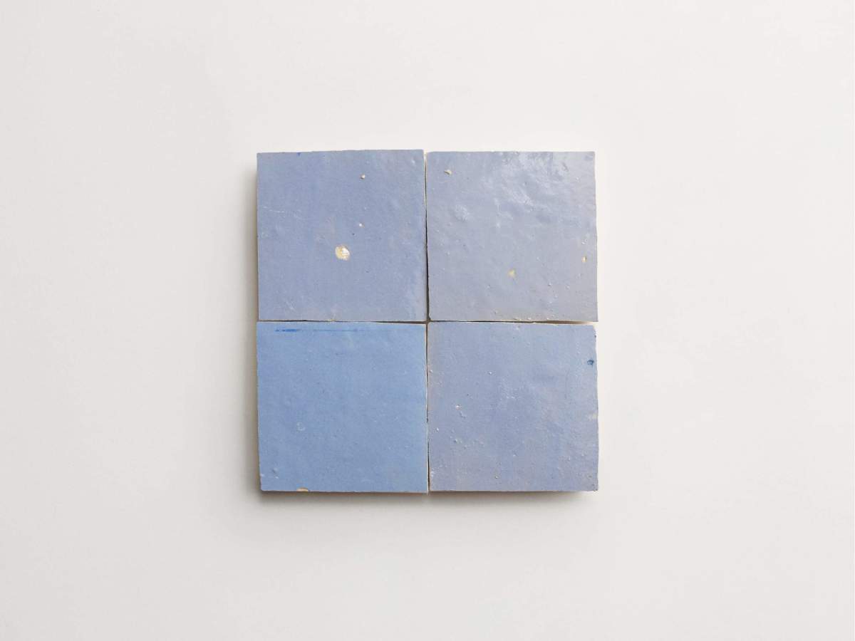 Zellige tiles sky bloom soft blue 4" square.