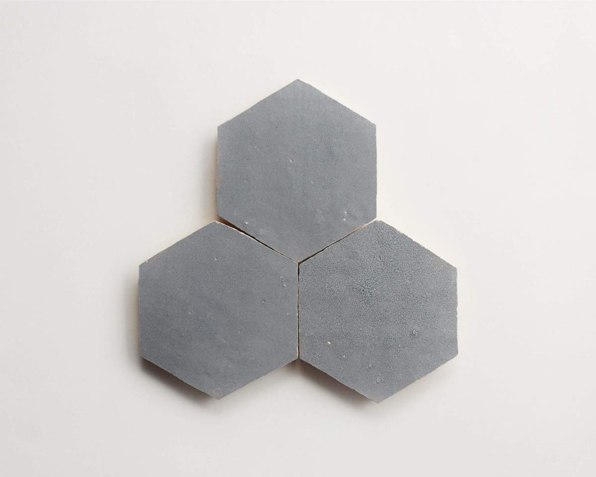 Zellige tile grey tarnished silver hexagon.