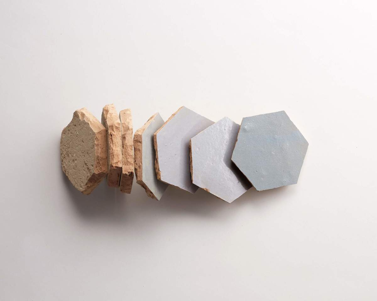 Light blue zellige tile shattered pearl hexagon.
