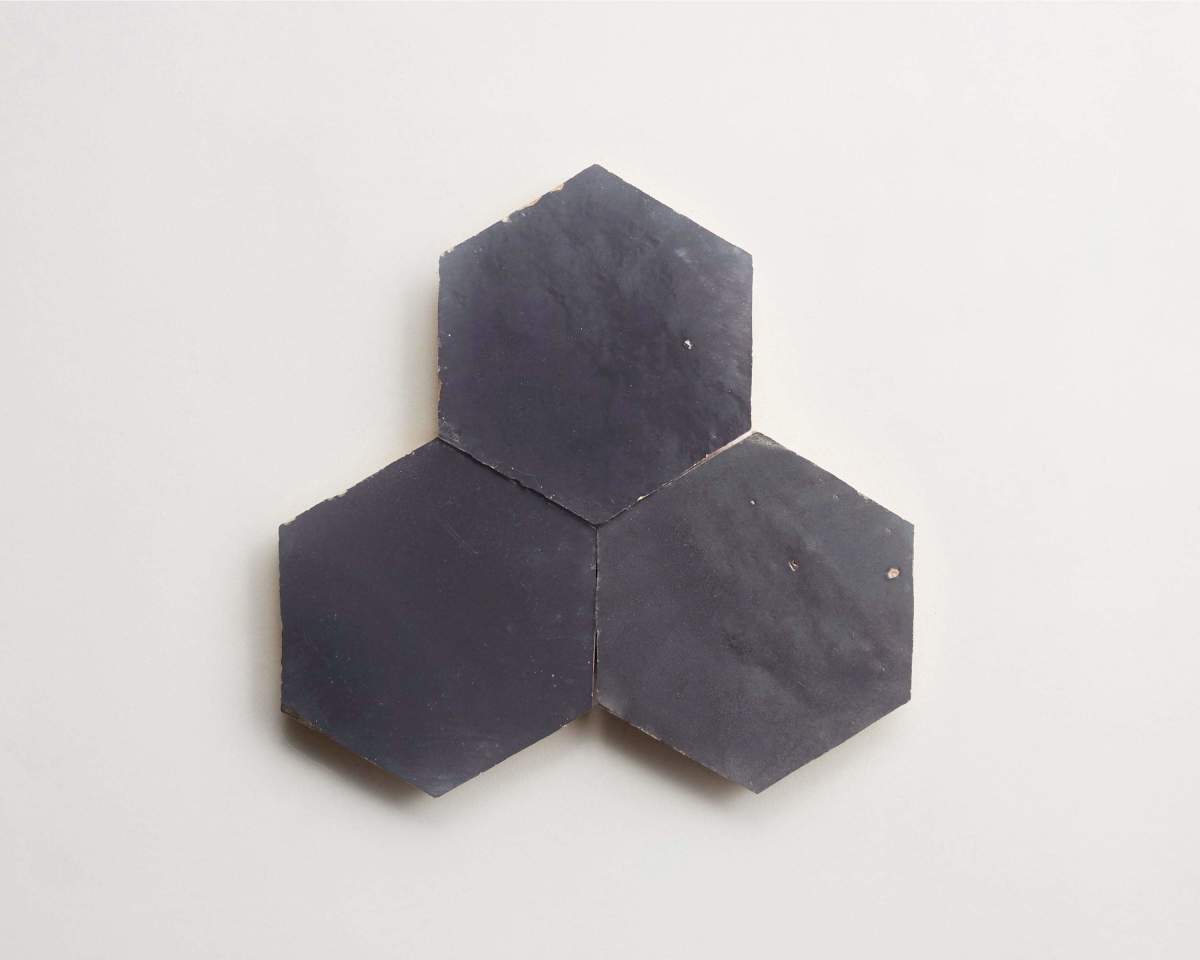Zellige tile battled armor dark grey hexagon.